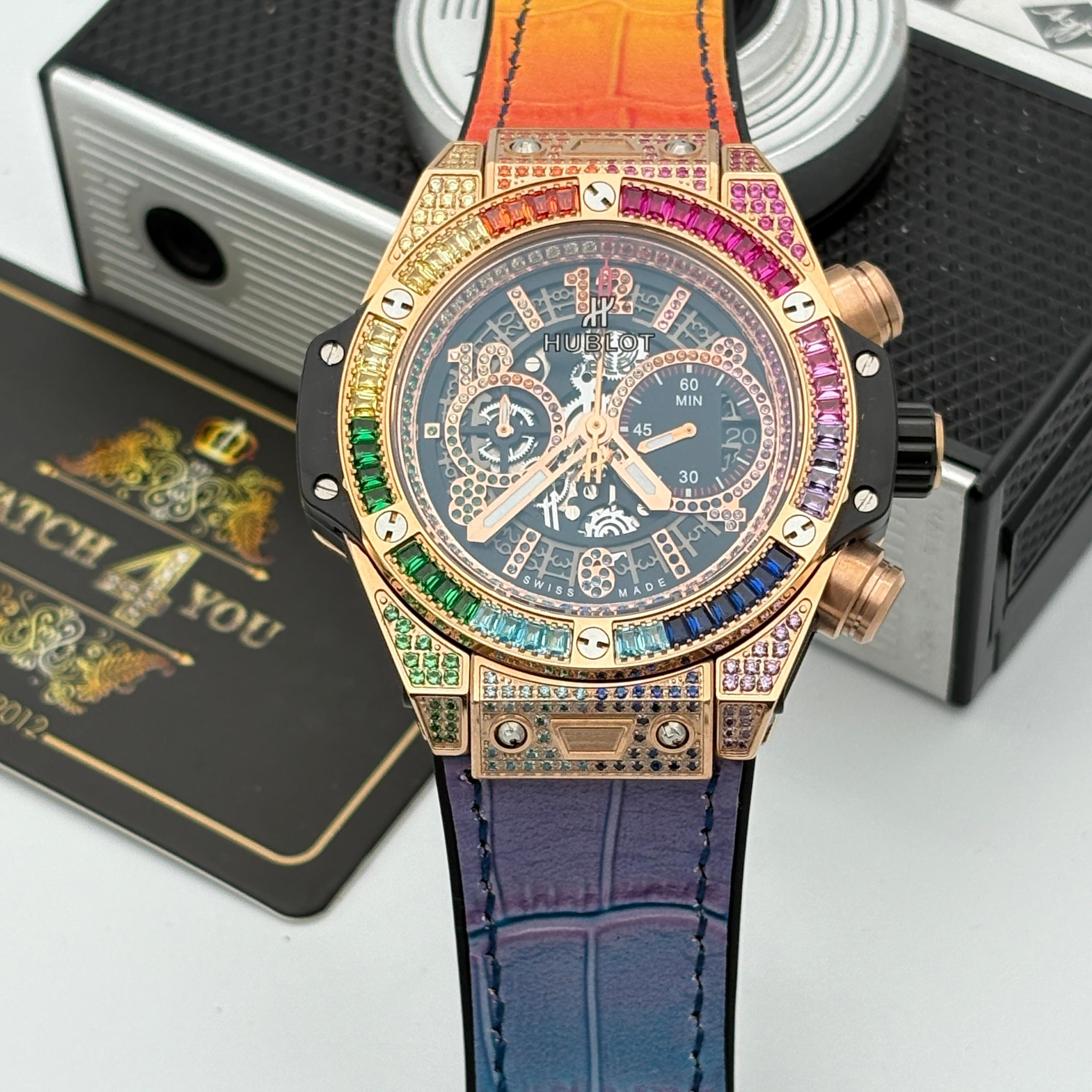 ساعت مردانه اتوماتیک هابلوت نگین دار Hublot Big Bang Unico Rainbow