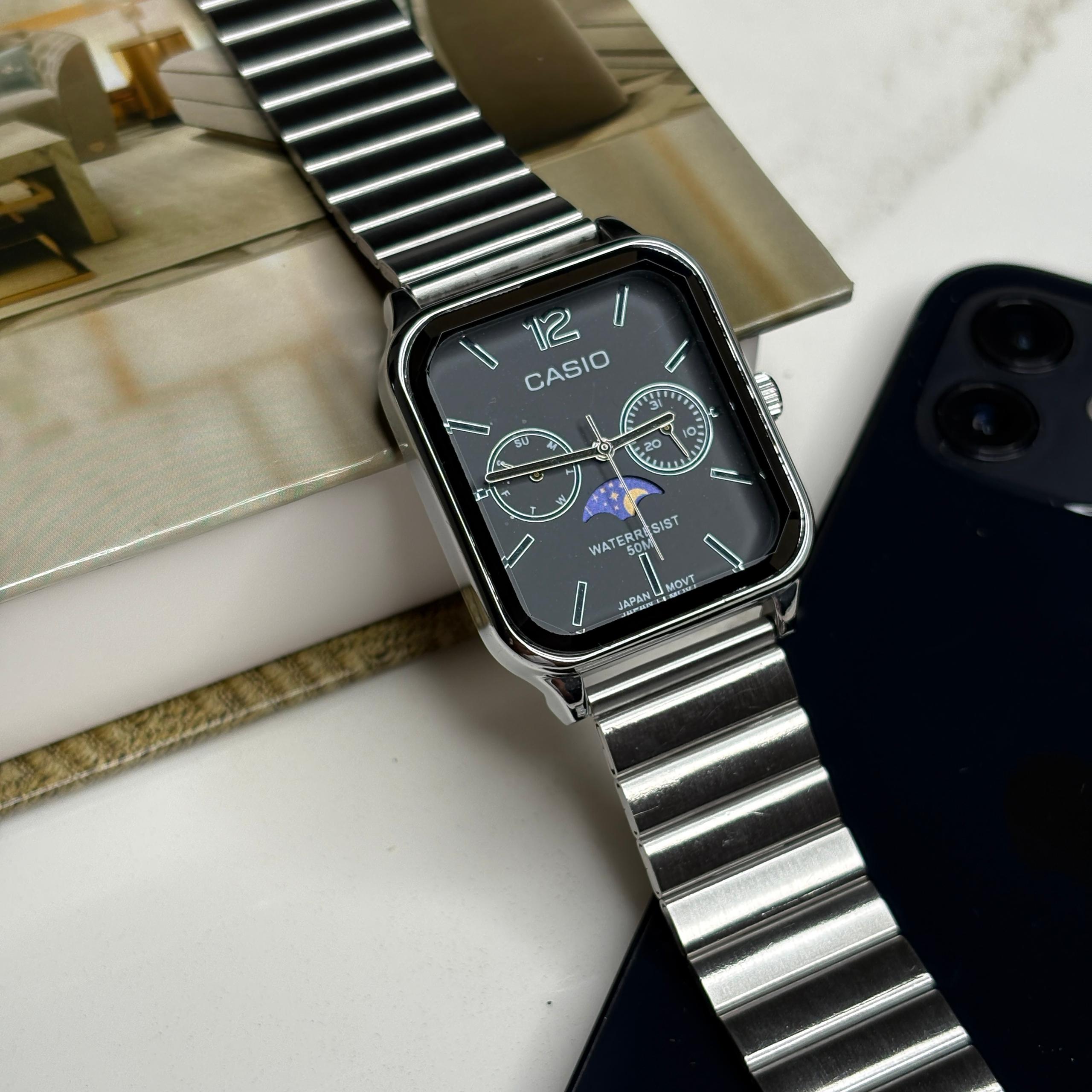 ساعت مچی مردانه کاسیو سیلور صفحه مشکی Casio MTP-M305D-1A2 Moonphase