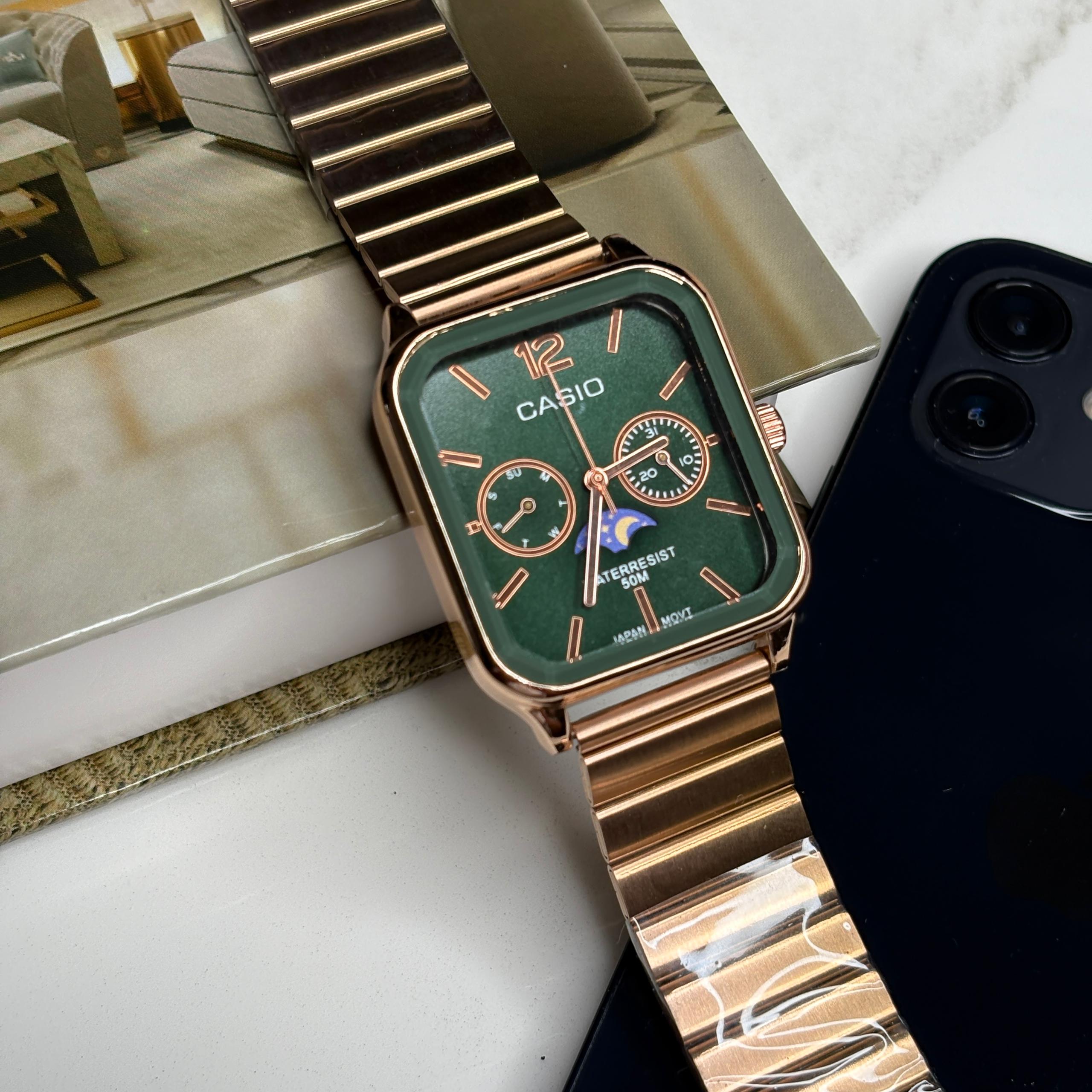 ساعت مچی مردانه کاسیو رزگلد صفحه سبز Casio MTP-M305D-1A2 Moonphase