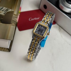 ساعت زنانه کارتیه پنتر سایز 22 میلیمتری سیلور طلایی صفحه مشکی Cartier Panthere