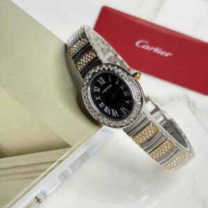 ساعت مچی زنانه کارتیه بایگنور سیلور طلایی صفحه مشکی  Cartier Baignoire