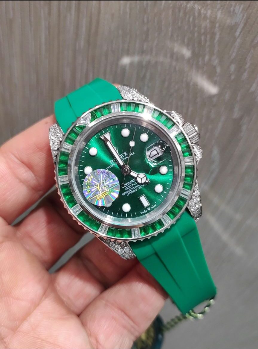 ساعت مچی مردانه فول نگین سیلور صفحه سبز رولکس سابمارین Rolex
