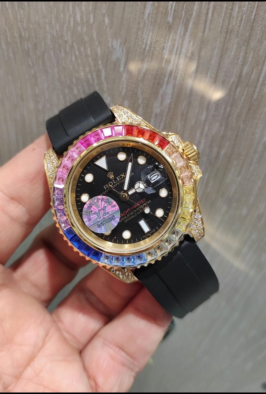 ساعت مچی مردانه فول نگین سیلور صفحه مشکی رولکس Rolex Gmt Master