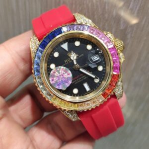 ساعت مچی مردانه فول نگین طلایی صفحه مشکی رولکس Rolex Gmt Master