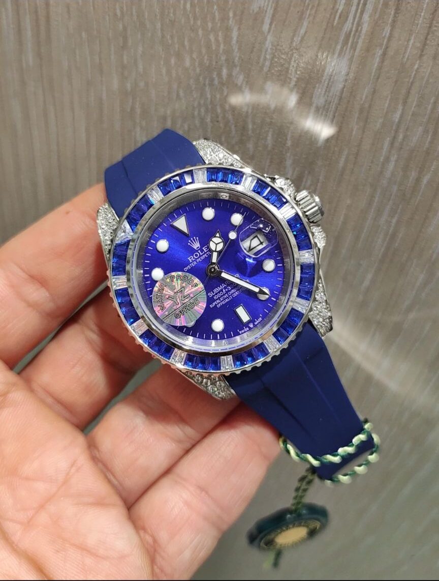 ساعت مچی مردانه فول نگین سیلور صفحه آبی رولکس سابمارین Rolex