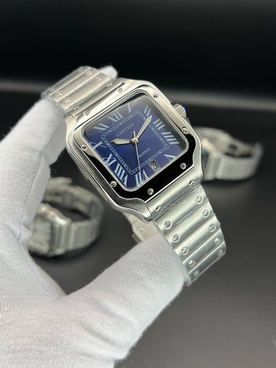 ساعت مردانه کوارتز کارتیه سانتوس سیلور صفحه سورمه ای Cartier
