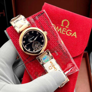ساعت مچی زنانه اتوماتیک رزگلد صفحه مشکی امگا Omega Ladymatic