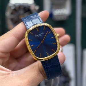 ساعت مردانه موتور سوئیس پتک فیلیپ طلایی بند چرم Patek Philippe Golden Ellipse