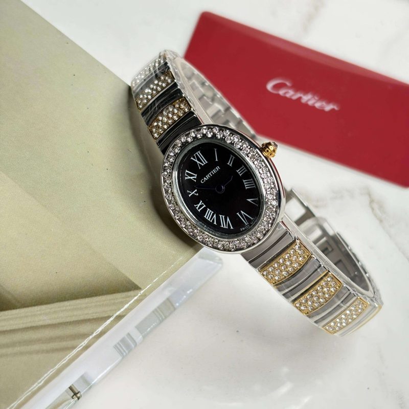 ساعت مچی زنانه کارتیه بایگنور سیلور طلایی صفحه مشکی  Cartier Baignoire