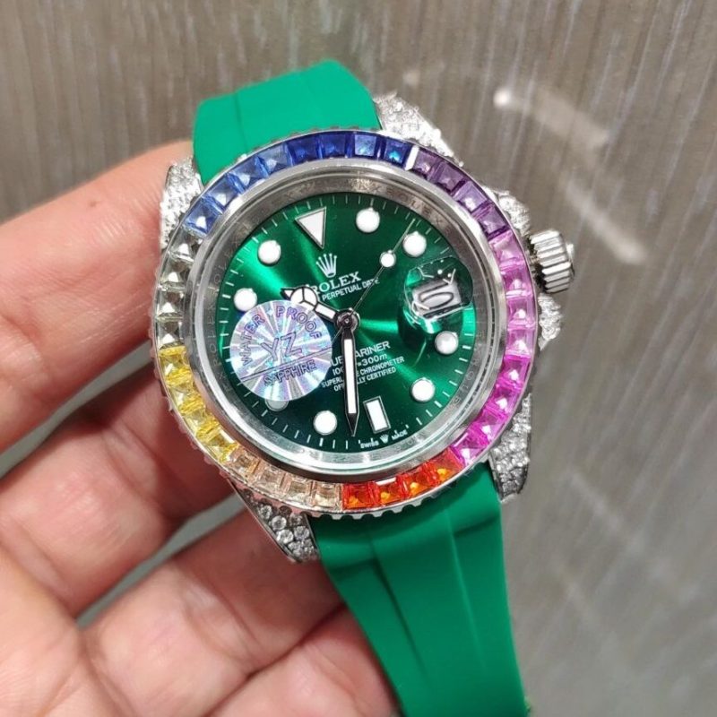 ساعت مچی مردانه فول نگین سیلور صفحه سبز رولکس سابمارین Rolex